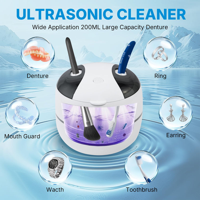 Ultrasonic Retainer Cleaner Machine Denture Cleaner for Dental Pod, Aligner, Night Guard, Braces & Mouth Guard, Features 45KHz and UV Deep Cleaning Dental,4 Modes Teeth Cleaning Tools, Digital Timer