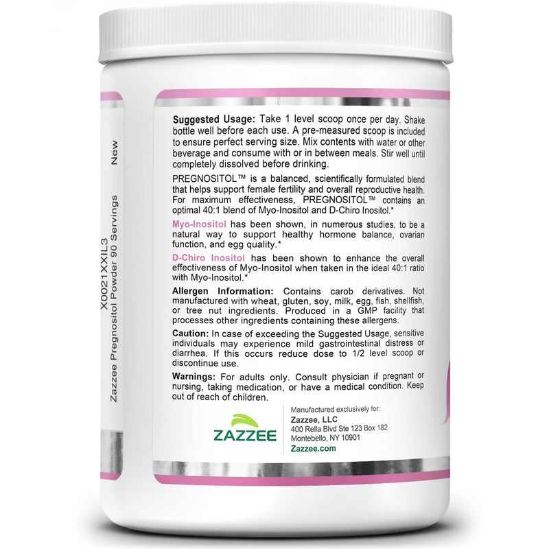 Zazzee PREGNOSITOL Powder, 3 Month Supply, Myo-Inositol & D-Chiro Inositol | 40:1 Fertility Blend, Free Scoop for Exact Dosage, Premium Balanced Formula, 180 Servings, Vegan, All-Natural and Non-GMO 6.51 Ounce (Pack of 1)