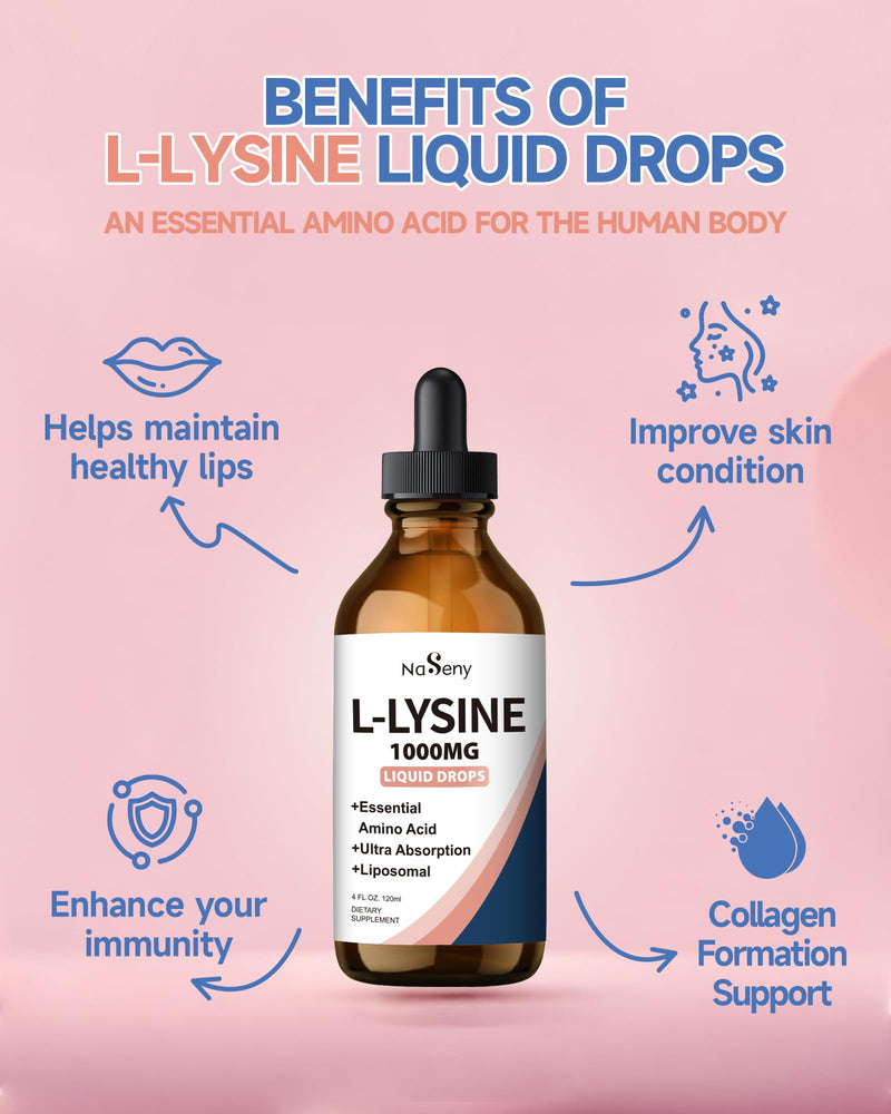 L-Lysine 1000mg Liquid Drops - Collagen, Immune, Lip & Skin Health | Liposomal Lysine Supplement for Adults with Turmeric, Astragalus, Vitamin E & Zinc - 4 Fl oz