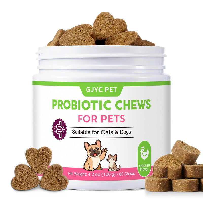 Probiotics for Dogs & Cats - 600M CFU Multi-Strain Formula with Prebiotics & Digestive Enzymes - Supports Gut Health, Digestion & Immune Function - 60 Soft Chews (Chicken Flavor)