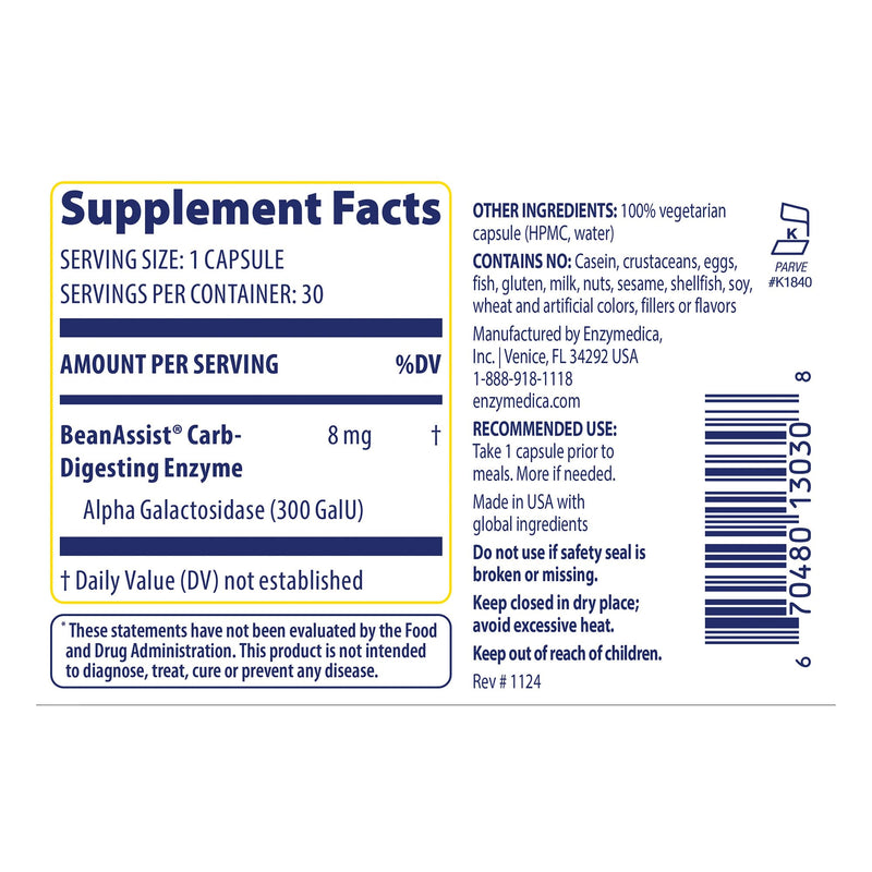 Enzymedica BeanAssist, Helps Reduce Gas & Bloating, Vegan - 30 Capsules | Digestive Enzyme Supplement for Women & Men, Alpha Galactosidase Enzyme for Digestion & Gut Health Support, Fast-Acting Standard Packaging