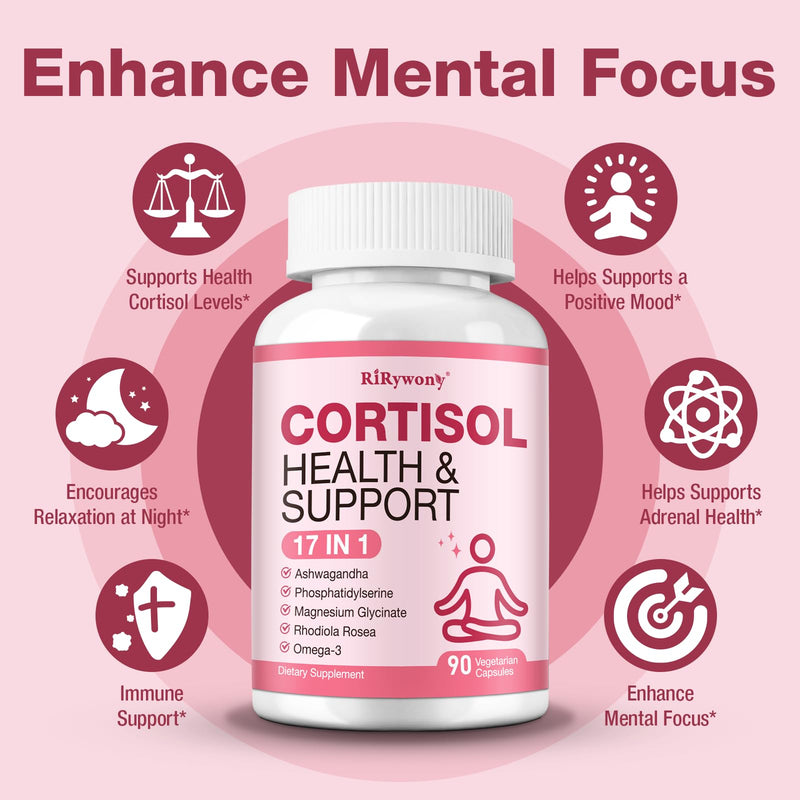Cortisol Supplements for Women & Men | 17-in-1 Cortisol Reducer Formula with Magnesium Glycinate, Ashwagandha & L-Theanine | Stress Relief & Sleep Support, 90 Vegan Capsules