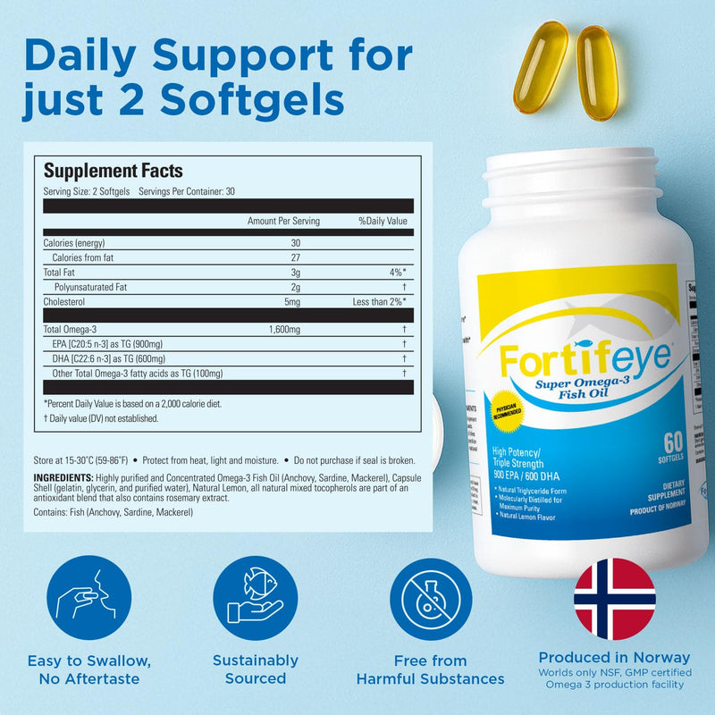 Fortifeye Super Omega-3 Fish Oil - 120 Count - 1600mg EPA + DHA - Triple Strength Ultra-Pure rTG Omega-3 Expertly Concentrated & Purified in Norway from Sustainably Sourced Wild Fish - Lemon Flavor 120 Count (Pack of 1)