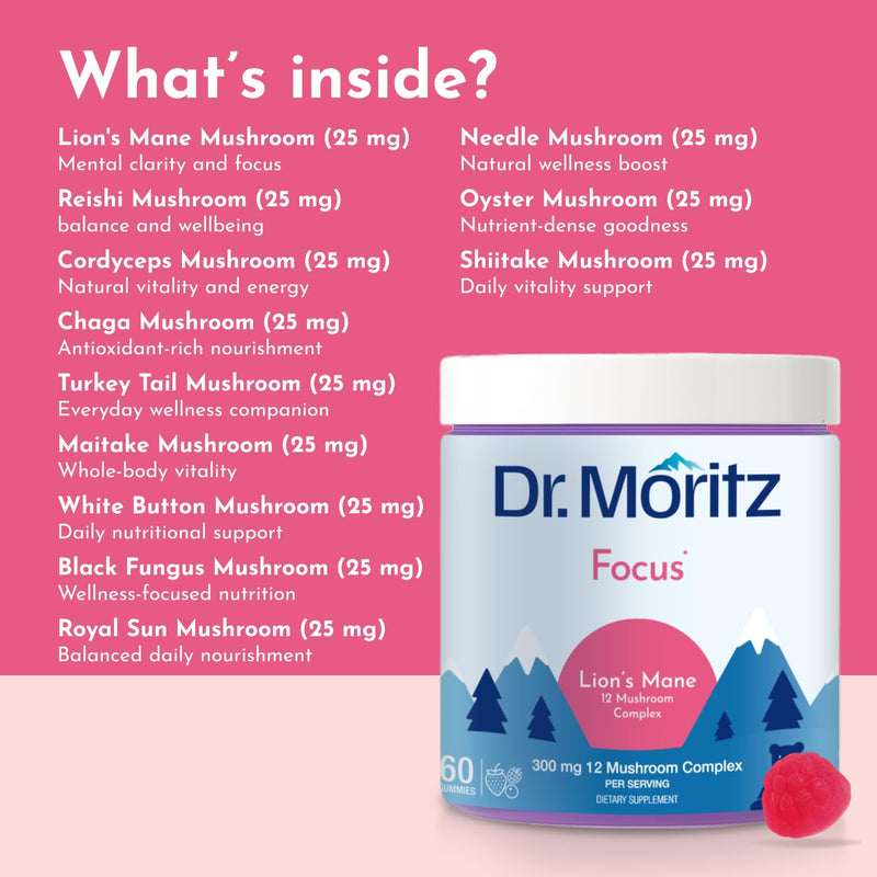 DR. MORITZ Lions Mane Gummies for Adults and Kids 4+ - Mushroom Gummies with 12-in-1 Blend Including Reishi & Chaga - Lions Mane for Kids and Adults - No Sugar Added, Non-GMO (120 Count) 60 Count (Pack of 2)