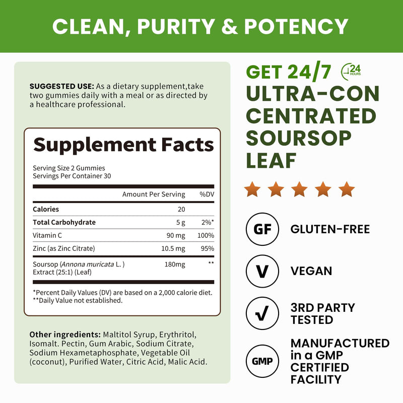 (2 Pack) Soursop Gummies - Soursop Leaves Concentrated Extract for Immune | Herbal Extracts w/Vitamin C, Zinc & Natural Food for Liver, Calming & Antioxidant, Sugar Free, Gluten Free, Vegan, 60 Gummies 60 Count (Pack of 2)