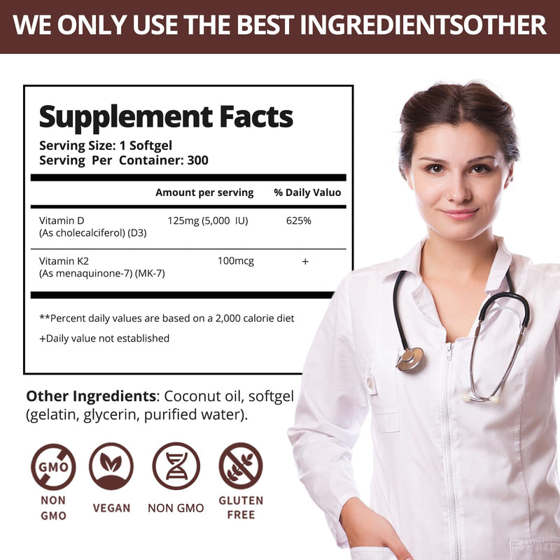 300 Pcs Vitamin D3 K2 5000 IU + 100mcg, Coconut Oil, Gluten-Free, Non-GMO, Soy Free 5000 IU Coconut Oil 300 Softgels