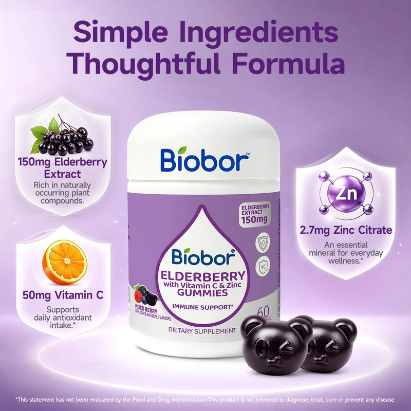Biobor Elderberry Gummies with Vitamin C & Zinc, 150mg Elderberry, 120 Ct | 150mg Elderberry Extract, Daily Wellness Support Gummies, Vegan-Friendly, Non-GMO, Gluten Free, Mixed Berry Flavor Natural Berries 60 Count (Pack of 2)