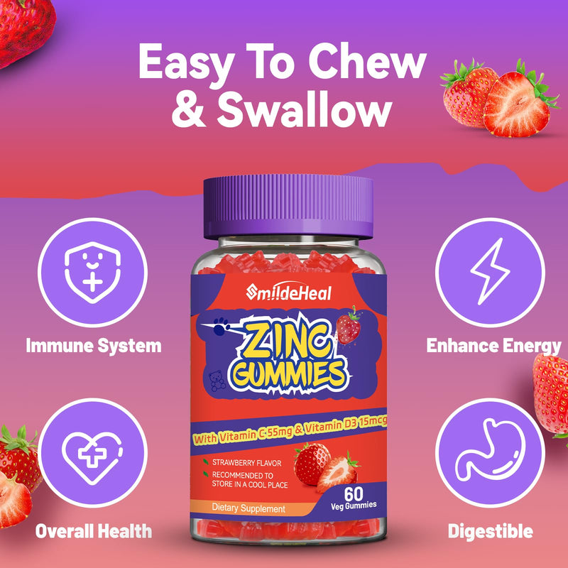 Zinc Gummies, Zinc 50mg, Zinc Citrate, with Vitamin C, Vitamin D3, 60 Count | Zinc Gummies, Zinc 50mg, Zinc Citrate, with Vitamin C, Vitamin D3, Strawberry Flavor Gummies, 60 Count 60 Count (Pack of 1)