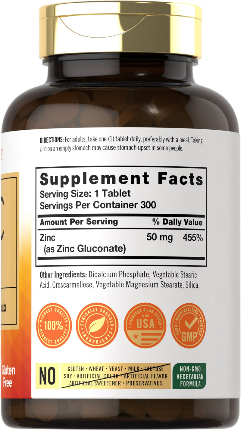 Carlyle Zinc 50mg | 300 Tablets | Vegetarian, Non-GMO, and Gluten Free Supplement | Zinc Gluconate | High Potency Formula - BeesActive Australia