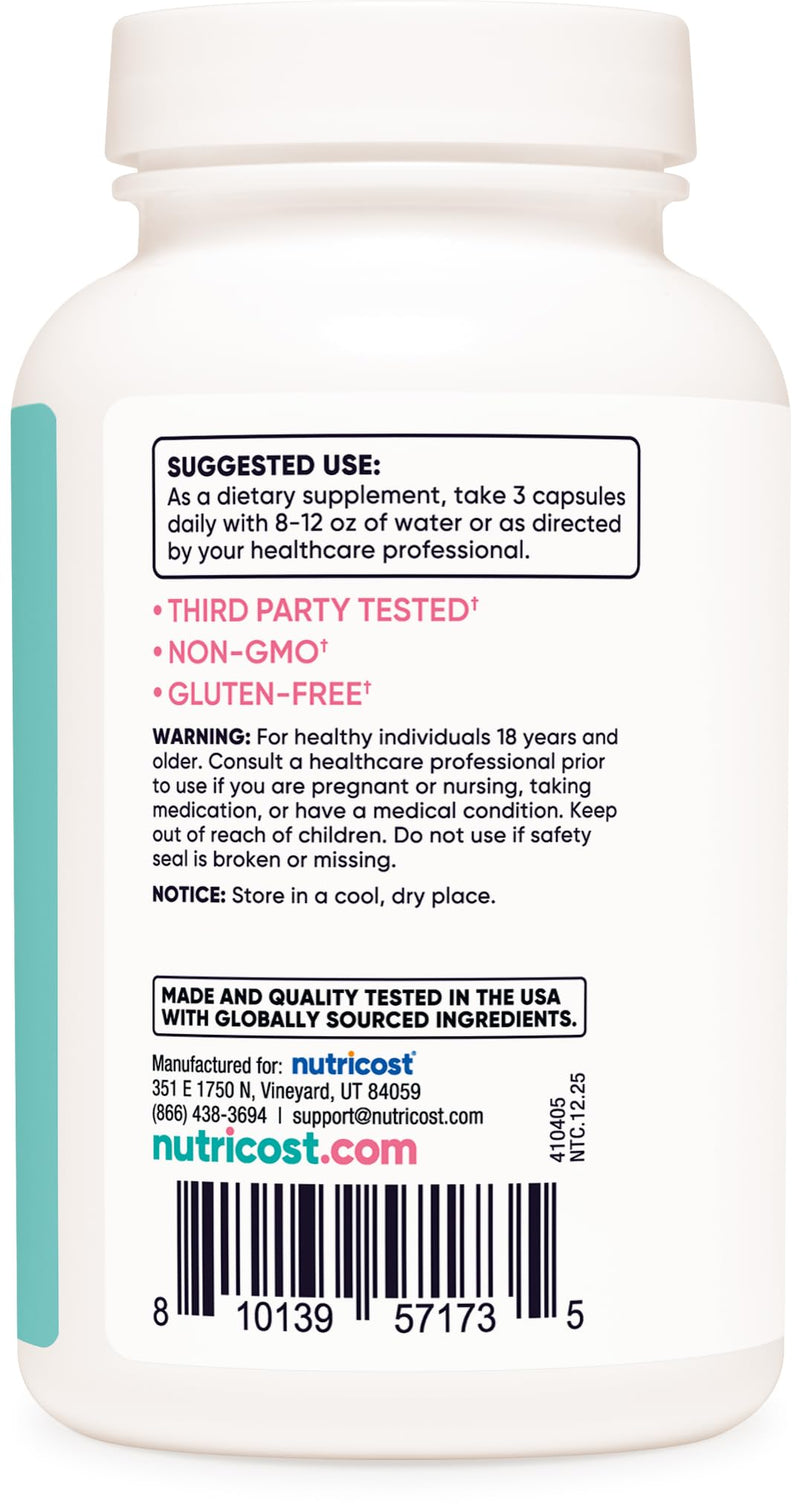 Nutricost Calcium (600mg) + Vitamin D3 (12.5mcg) for Women, 180 Capsules | Vegan, GMO-Free, Gluten-Free, 60 Servings