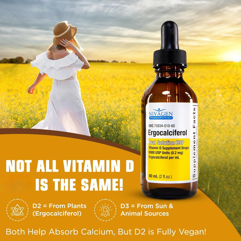 Nivagen Vitamin D2 Liquid Drops 8,000 USP (Ergocalciferol) | 400 IU per Serving | 2 Drops Once Daily | 1,200 Servings, 60ml (2 fl. oz) | Faster Absorption | Bone, Muscle & Immune Support | Made in USA