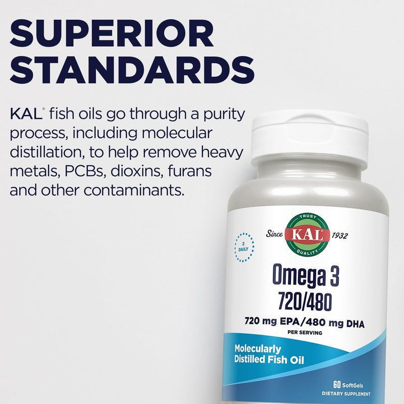 KAL Omega 3 Fish Oil - Eye, Brain, and Joint Support Supplement - Molecularly Distilled and Lab Verified - 30 Servings, 60 Softgels