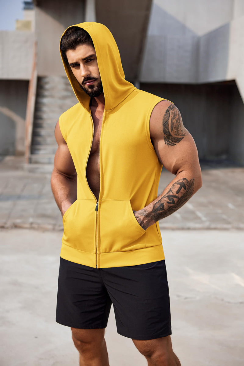 COOFANDY Men's Workout Hooded Tank Tops 2 Pack Zip Up Sleeveless Gym Shirts Muscle Cut Off T Shirt Bodybuilding Hoodies X-Large Yellow(1pcs) - BeesActive Australia