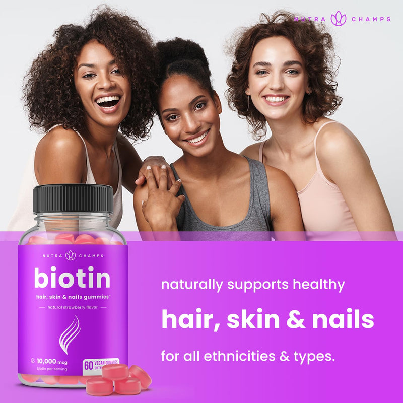 NutraChamps (2 Pack) Biotin Gummies 10,000mcg [High Potency] for Healthy Hair, Skin & Nails for Adults & Kids - 5000mcg in Each Gummy Vitamin - Vegan, Non-GMO, Pectin-Based Hair Health Supplement 2