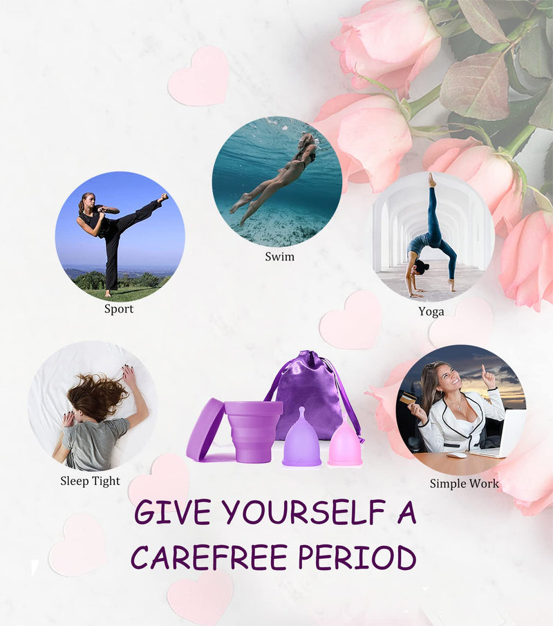 Menstrual Cups with Collapsible Storage Cup, Leak-Proof Design with Medical Grade Silicone Period Cups Reusable, Tampon and Pad Alternative,for Light Flow and Heavy Flow Large+Small Large+ Small Purple+pink