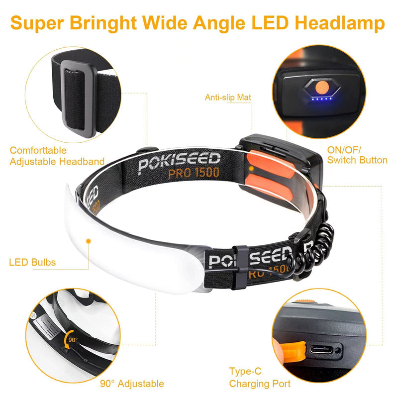 LED Headlamp Rechargeable, Super Bright 1500 Lumens 230° Wide Beam Headlamp, 3 Modes IPX6 Waterproof Lightweight Head Light with Taillight & Clips for Camping, Running,Fishing, Outdoors, Hard Hat Work