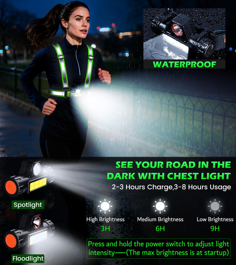 Running Lights for Runners,90°Adjustable LED Reflective Vest Running Gear,Rechargeable Chest Light Up Running Vest Night Walking Safety Gear for Night Walking/Cycling/Jogging Green - BeesActive Australia