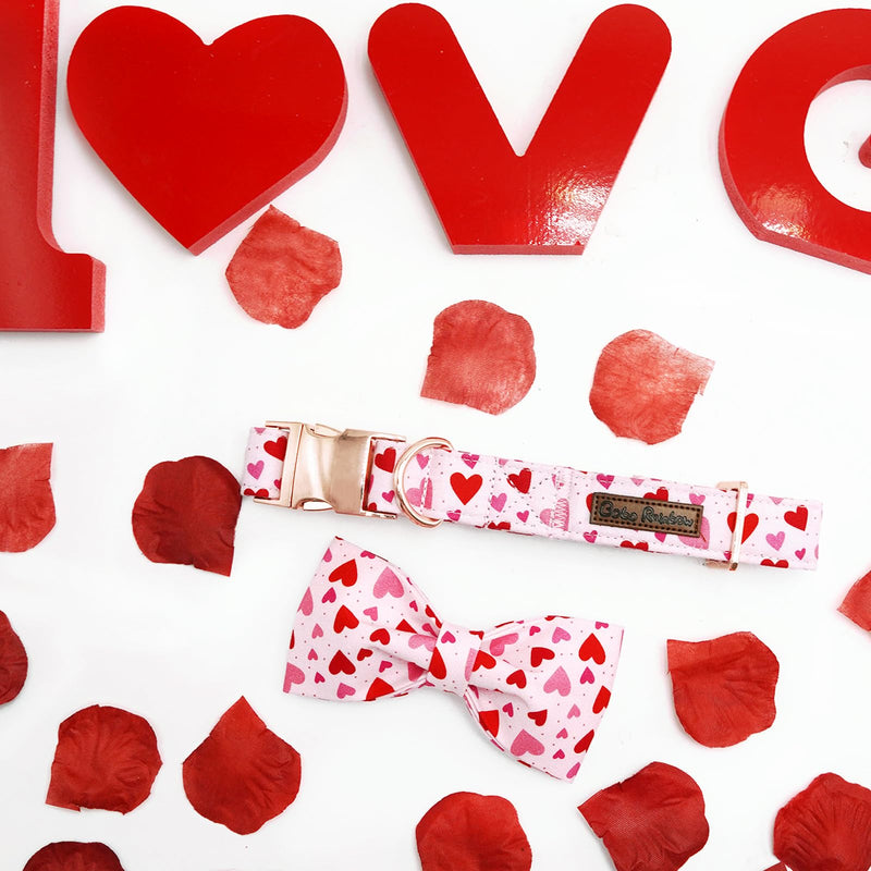 Valentine's Day Dog Collar with Bow Tie- Red Heart Dog Collar Cute Adjustable Pet Collar Pink Comfortable Dog Collar Metal Buckle Collar Cotton Holiday Puppy Collar Gift for Large Dogs Large (Pack of 1) A: Heart - BeesActive Australia