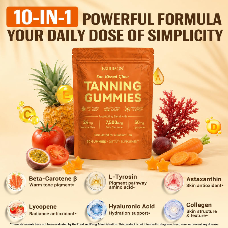 Tanning Gummies, Sunless Tanning Supplement for Women and Men, with Beta Astaxanthin, Carotene, Lycopene, Collagen & Vitamins | Skin Radiance & Hydration | Vegan & Sugar Free - 60 Count Orange