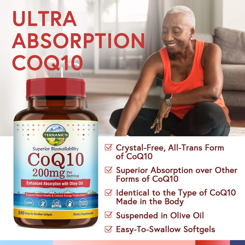 Terranics CoQ10 200mg, Coenzyme Q10 Supplement with Extra Virgin Olive Oil for Enhanced Absorption, Made in USA, Supports Heart Health, Antioxidant Protection, Energy Production, Non-GMO, 240 Softgels 240 Count (Pack of 1)