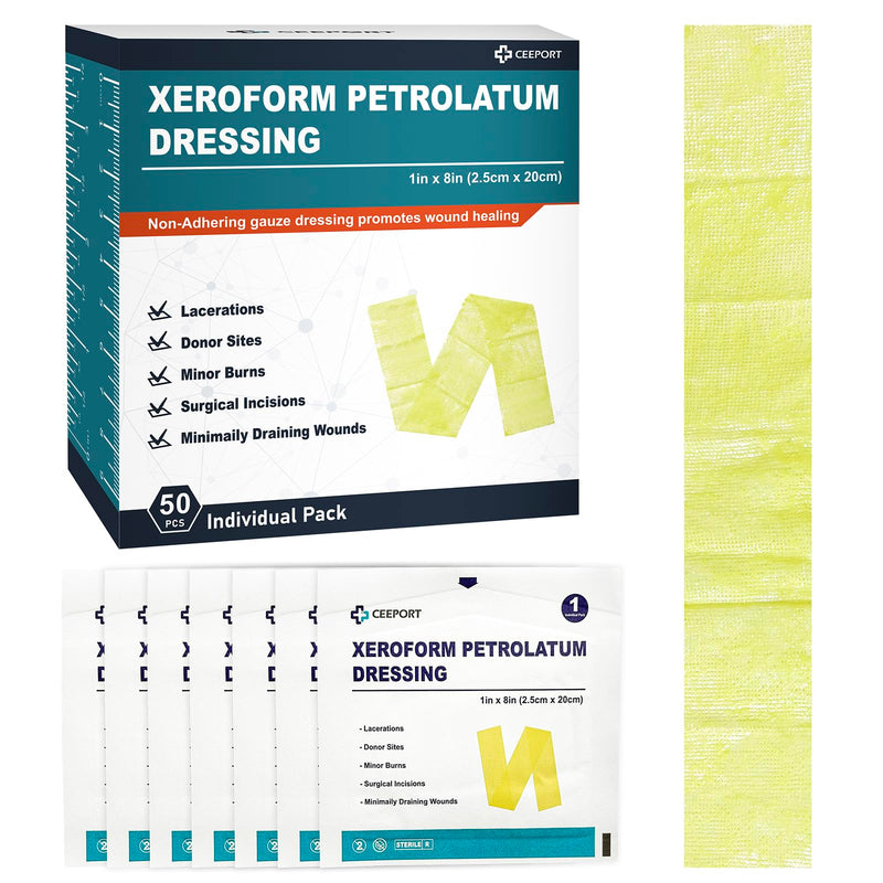 Ceeport Medical Xeroform Petrolatum Dressing 1"x8", 50 Individual Pack, Non-Adherent Gauze Pad Strip, Fine Mesh Gauze Patch Supplies for Wound Care, Burns, Lacerations, & Skin Grafts 1"x8" - BeesActive Australia