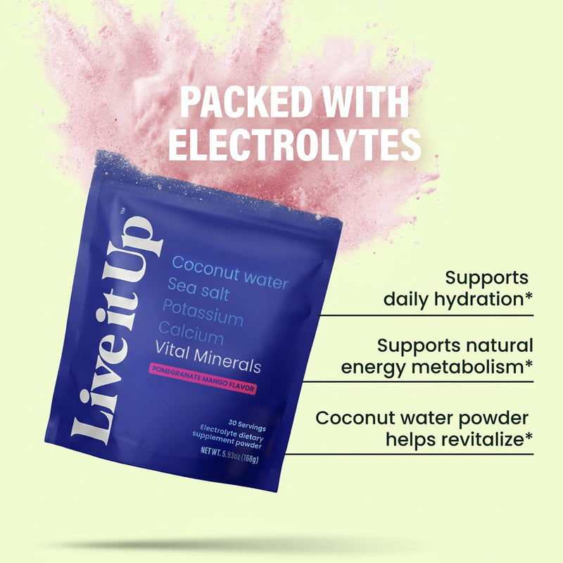 LIVE IT UP Vital Minerals: Electrolyte Powder for Hydration | Pom Mango | with Coconut Water Powder, Sodium, Potassium, and Vitamin C | Vegan, No Gluten, No Added Sugar, & Caffeine Free Pomegranate Mango