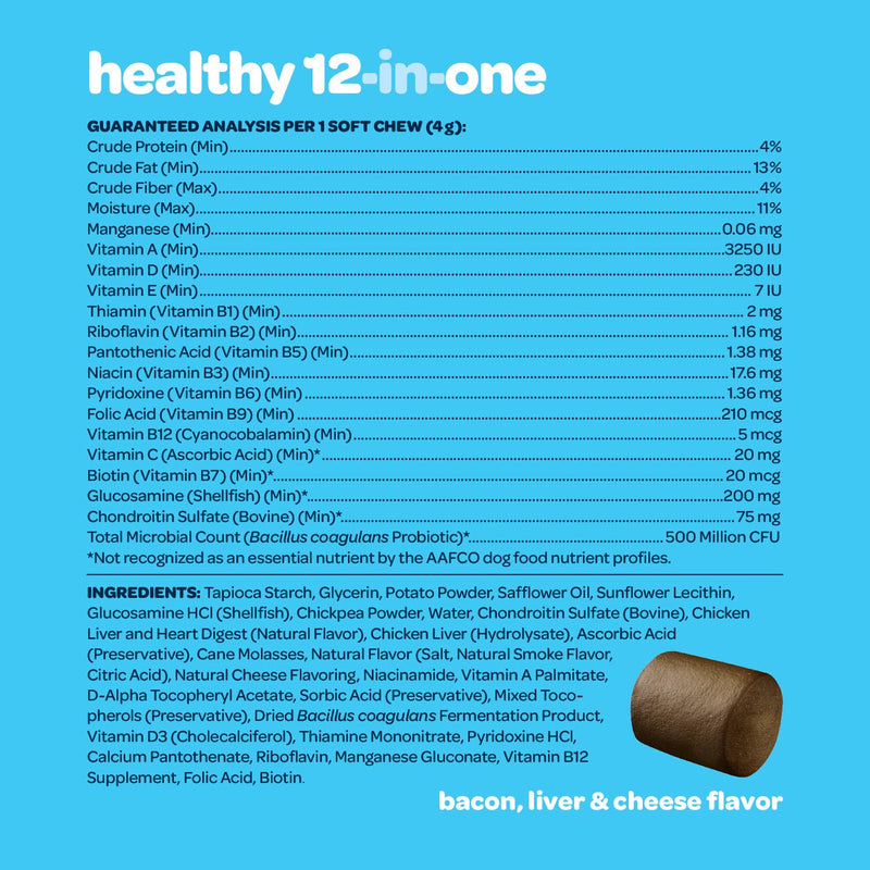 12-in-1 Complete Multivitamin for Dogs | Dog Multivitamin Chewable with Glucosamine Chondroitin & Digestive Probiotics for Dogs of All Ages and Sizes | NASC Certified & Made in The USA | 60 Chews 60 Count