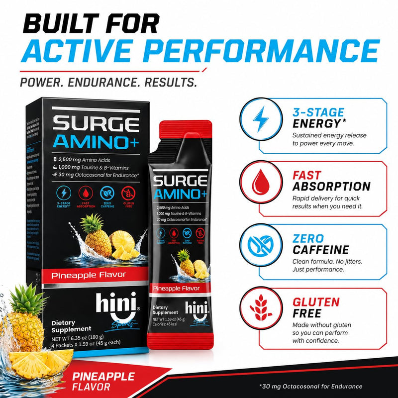 HINI Surge Amino+ Energy Gel, Pineapple Flavor, 4 Packets | 2,500 mg amino acid blend, 1,000 mg taurine, B vitamins and 30 mg octacosanol per packet.
