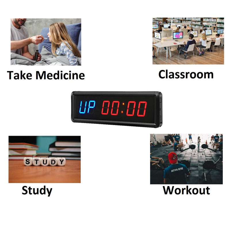 Gym Timer Clock Digital Interval Tabata Workouts Fitness Wall Small with Remote Home Garage Office Jujitsu School Referee Studio Church Service (Two Blue+Four Red 1.5") Two Blue+four Red 1.5"