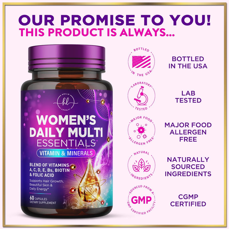 Multivitamin for Women - 3X Strength Daily Women Multivitamin, Vitamins A, D, C, E, Biotin, Folic Acid, Calcium, & Iron, Complete Multi Vitamin for Beautiful Hair & Skin, Bottled in USA, 60 Capsules 60 Count (Pack of 1)