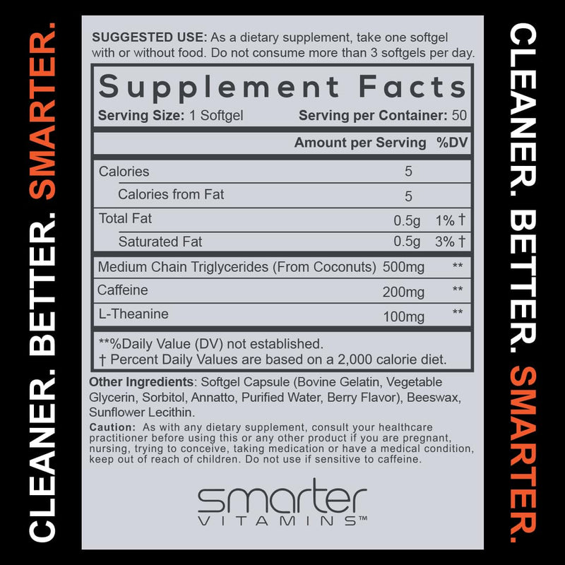 SmarterVitamins 200mg Caffeine Pills - MCT Oil from 100% Coconuts + 100mg L-Theanine, Energy and Focus, Extended Release Capsule, 50 Liquid Softgels - BeesActive Australia