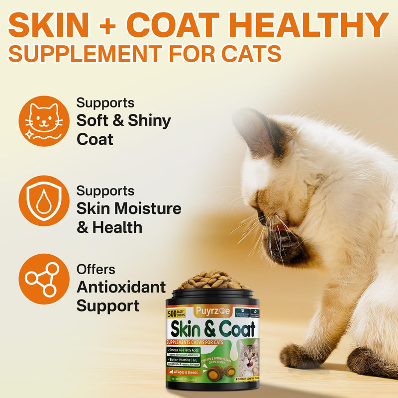 Puyrzoe Cat Skin and Coat Health - 500 Chews Crunchy & Creamy Cheese Core with Omega 3/6/9, Vitamins C & E, Biotin for Skin Hydration & Coat Shine Supplement for Cats Kittens - Chicken & Shrimp Flavor