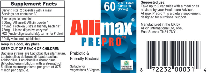 ALLIMAX Pre Pro - 60 Caps. Stabilized allicin Plus prebiotics, probiotics and Digestive enzymes.