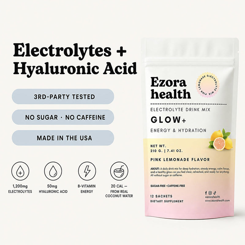 Glow Electrolyte Drink Mix for Women with Hyaluronic Acid, Vitamin B12 + B6, L-Theanine & Taurine – No Sugar, No Caffeine (Pink Lemonade Flavor) 24 Count 24 Count (Pack of 1)