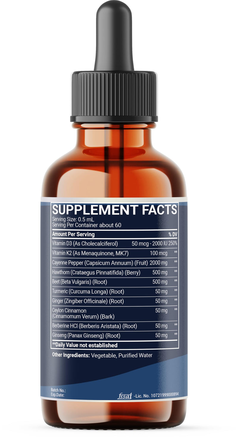 2 Packs of 30ml - Cayenne Pepper Liquid Drops with Vitamin D3, Vitamin K2, Hawthorn Berry, Beet Root, Ginger, Ceylon Cinnamon, Turmeric, Berberine - Digestion Support - 120 Day Supply