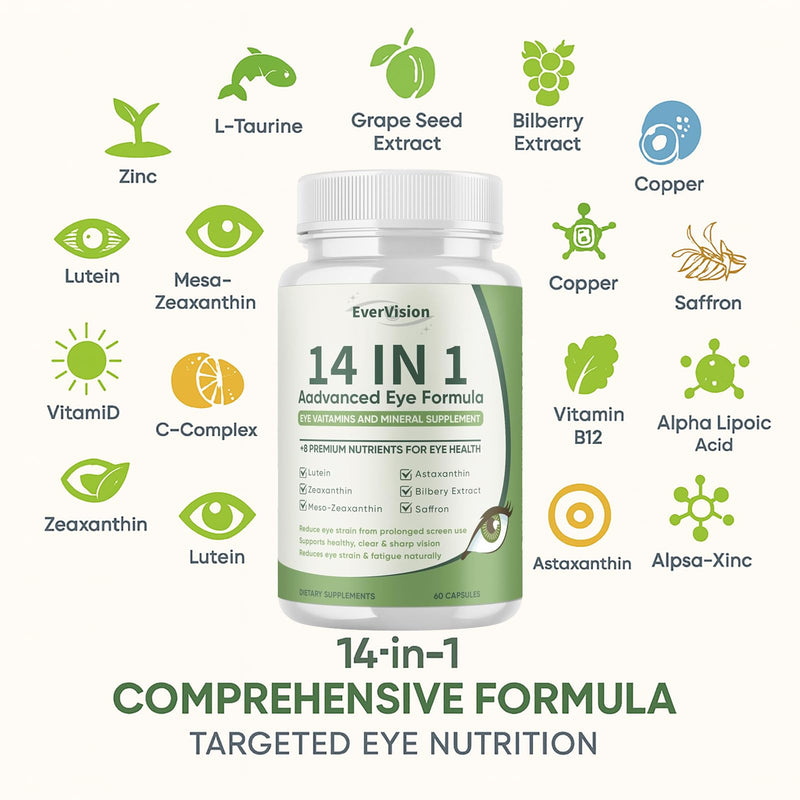 14 in 1 Advanced Eye Formula - Eye Vitamins & Minerals Supplement with Lutein, Zeaxanthin, Astaxanthin, Bilberry, Zinc, 14-in-1 Formula for Eye Health Support - 60 Capsules (1)