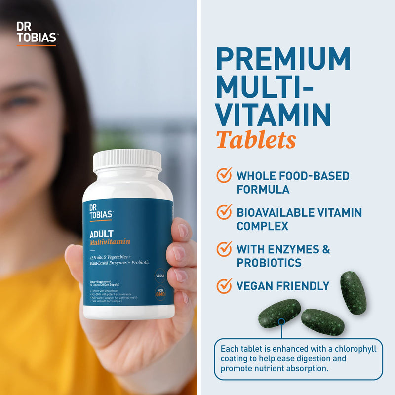 Dr. Tobias Adult Multivitamin for Women & Men 180 Count | Daily Energy & Immune Support | Vitamin Supplement with 42 Fruits & Vegetables + Probiotic + Enzymes | Vegan | 60 Servings 180 Count (Pack of 1)