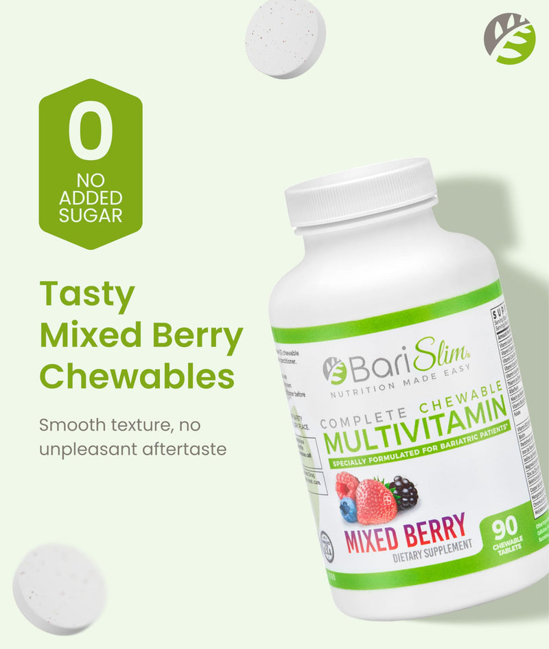 BariSlim Complete Chewable Bariatric Multivitamin Tablets - 45 mg Iron - Bariatric Vitamin & Supplement for Post Bariatric Surgery Including Gastric Bypass & Gastric Sleeve | Mixed Berry | 90 Tablets