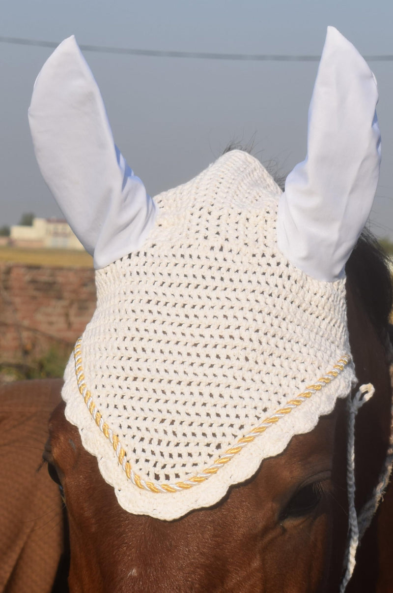 Horse Ear Bonnet Ear Net Hat Fly Bonnet Hood Mask Fly Veil Full Hand Made Cotton (Pony, White) Pony - BeesActive Australia