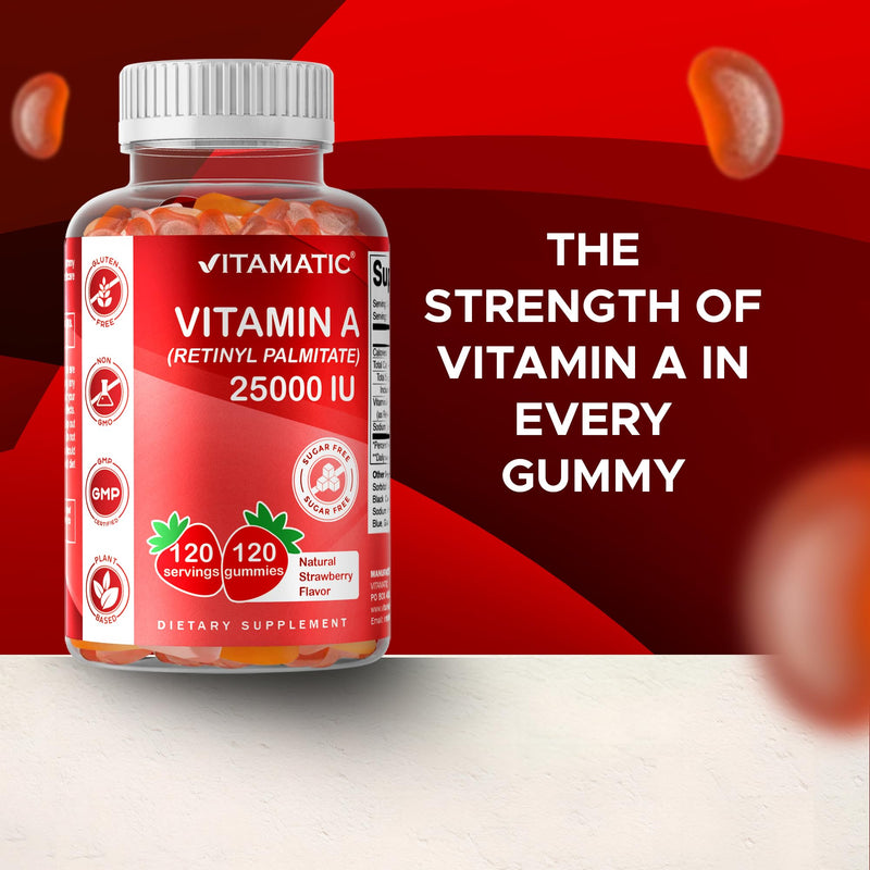 Vitamatic Sugar Free Vitamin A 25000 IU Gummies (Retinyl Palmitate) - Natural Strawberry Flavor - 120 Pectin Based Gummies (2 Bottles) | Sugar Free, High Potency Vitamin A Support, Natural Strawberry Flavor, Pectin Based, Non GMO, Gluten Free