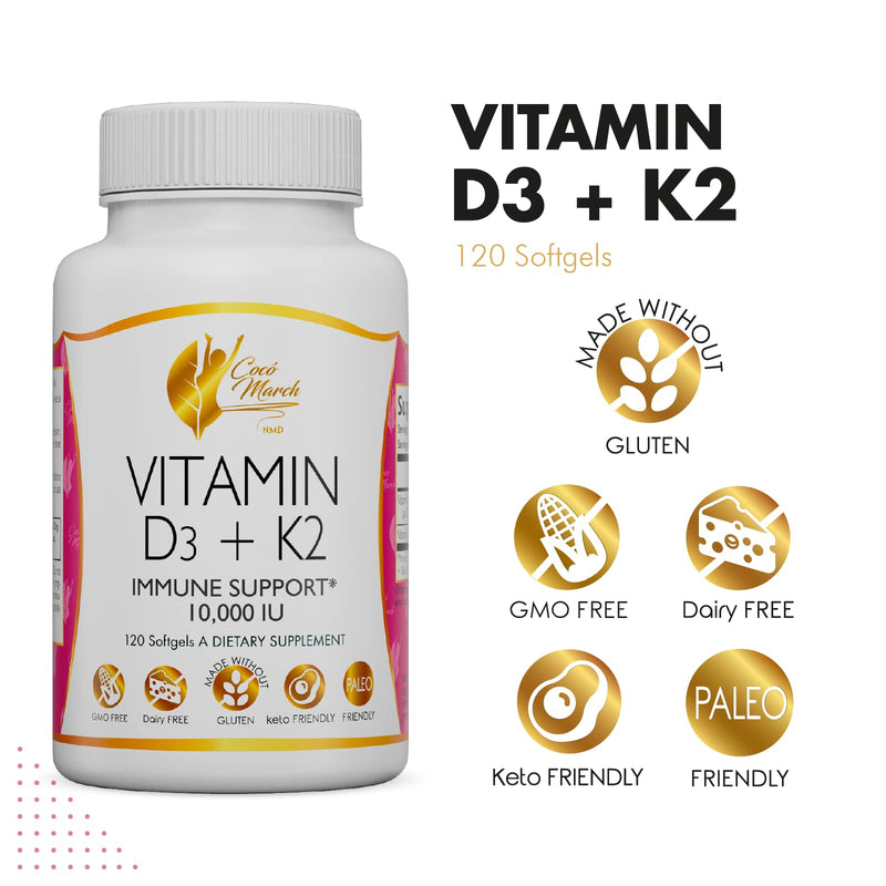 Coco March Vitamin D3+K2 10,000 IU - 4 Month Supply HIGH POTENCY - Immune & Joint Health Gluten Free, GMO Free, Dairy Free, Keto Friendly, Paleo Friendly, 250 mcg of D3-180 mcg of Vitamin K2 - BeesActive Australia