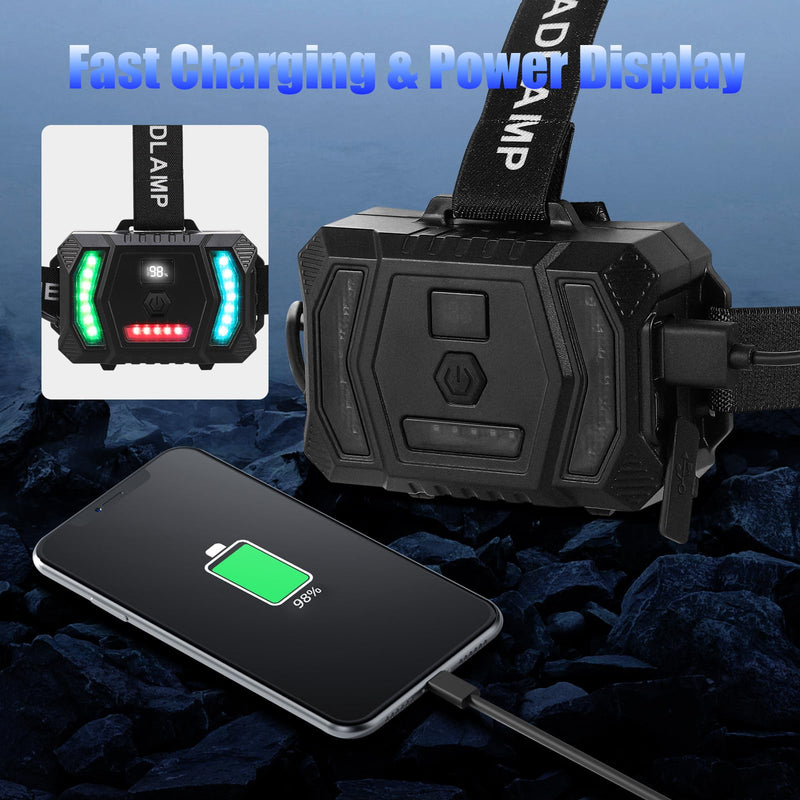 Headlamps USB Rechargeable LED Head Lamp, Multi-Color Lights, Wave Induction,Ultra Bright1000Lumen Headlamp,Zoomable, HeadLamps for Fishing Hiking Outdoors & Hard Hat Light Camping Gear