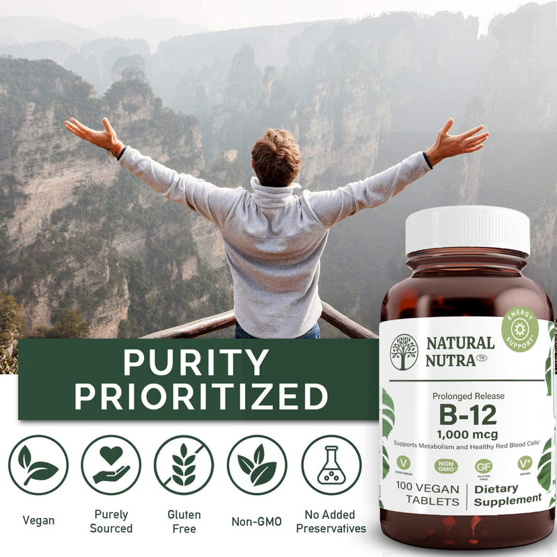 Natural Nutra Vitamin B12 1000 mcg, 100 Vegan Tablets | Promote Heart & Nerve Health, Cobalamin B12 Supplement, Help in Metabolism Health, Optimal Absorption, Gluten-Free,Sugar-Free 100 Count (Pack of 1)