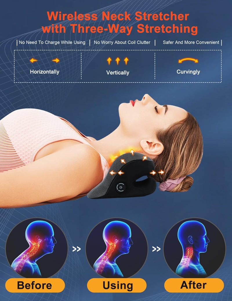 Wireless Heated Neck Stretcher for Pain Relief, Portable Cordless Neck Shoulder Cervical Traction Device with Graphene Heating Pad No Smell Magnetic Therapy Case Relaxer for TMJ Migraine Spine Alignme - BeesActive Australia