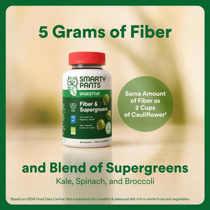 SmartyPants Fiber & Super Greens Gummies, Broccoli, Spinach, & Kale Blend to Support Gut Health, Prebiotic Fiber Gummies for Adults, Gluten Free, White Grape & Apple Flavor, 90 Count (30 Day Supply) Adult Supergreens