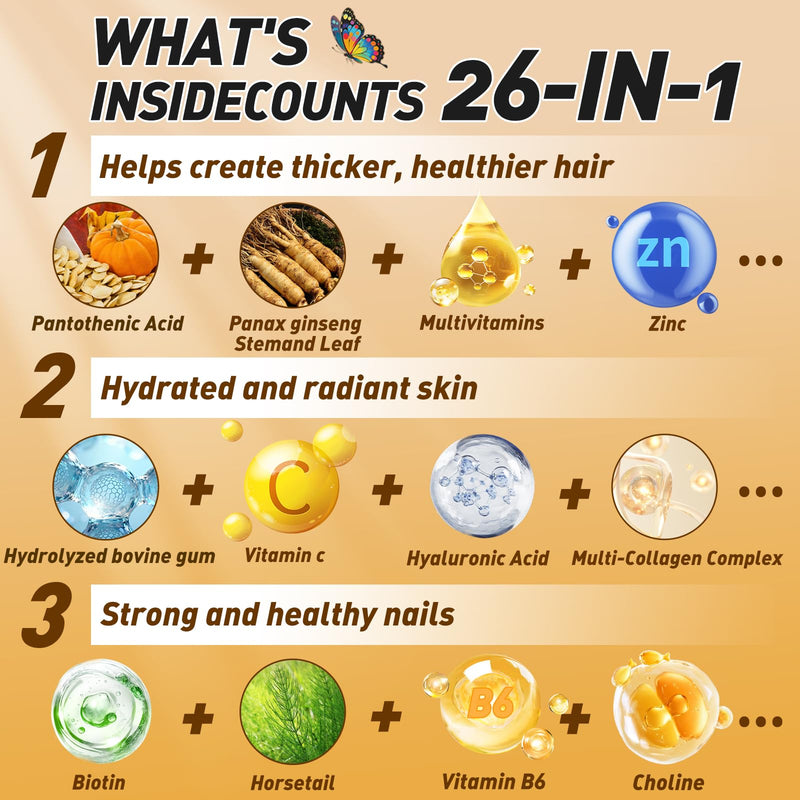 BUTTERFLY'S TEAR Hair Skin & Nails Gummies with Biotin 10000 mcg, Collagen Complex, Supports Healthy Hair，Hair Growth Support for Men & Women & Healthy Skin, Stronger Shiny Nails, (60 Count)