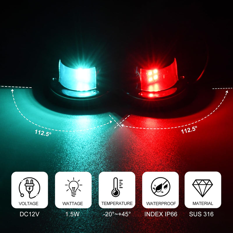 Marine Navigation Lights, LED Boat Lights, 316 Stainless Steel Bow Lights, Red & Green Sidelight for Pontoon Kayak Yacht Sailing Vessels,1NM Visibility,12V (E011090-MF) E011090-MF