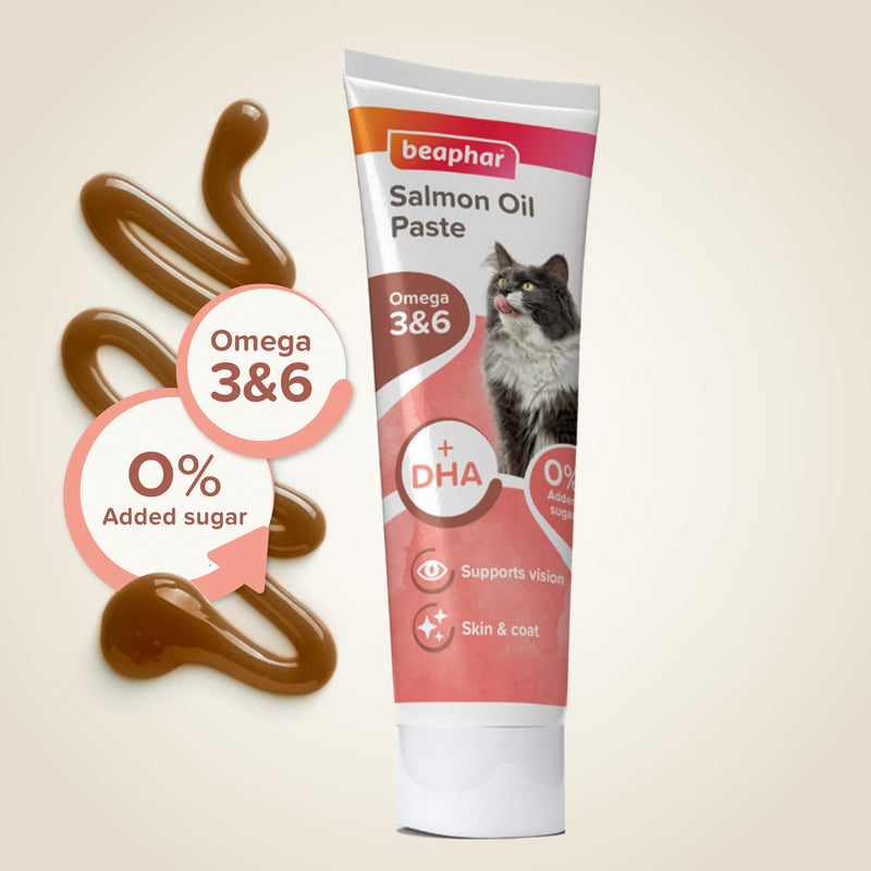 Beaphar - Salmon Oil Paste for Cats - Promotes Glossy, Shiny Coat - Supports Vision & Overall Health - Contains Omega 3 & 6, and DHA – Sugar & Grain-Free – Treat For Cats of All Ages & Breeds - 100g