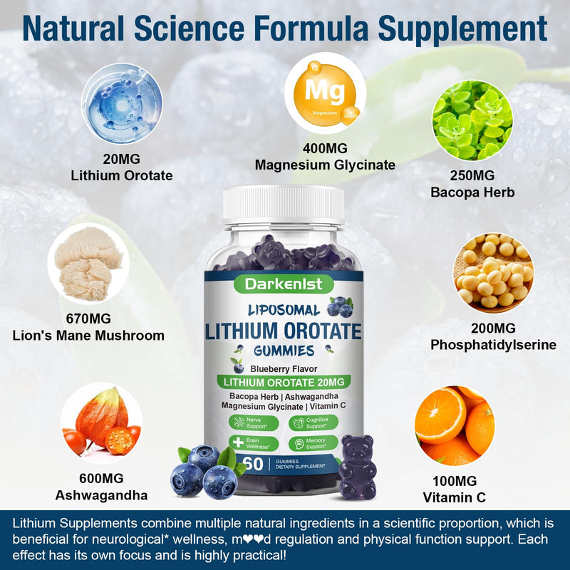 2 Pack Liposomal 20MG Lithium Orotate Gummies Complex Ashwagandha,Bacopa Herb,Lion's Mane Mushroom, Magnesium Glycinate,Vitamin C,for Mood & Immune Support,Digestive System Support