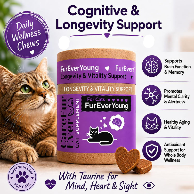 Healthy Aging Cat Supplement Treats - Cognitive Support with Lion's Mane, Omega-3 & Taurine, Supports Brain, Heart, Vision & Joint Health, Suitable for Senior Cats, Lamb Flavor, 30-Day Supply